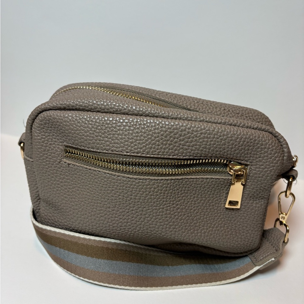 Taupe Pebbled Crossbody Bag with Striped Adjustable Strap - Picture 3 of 5